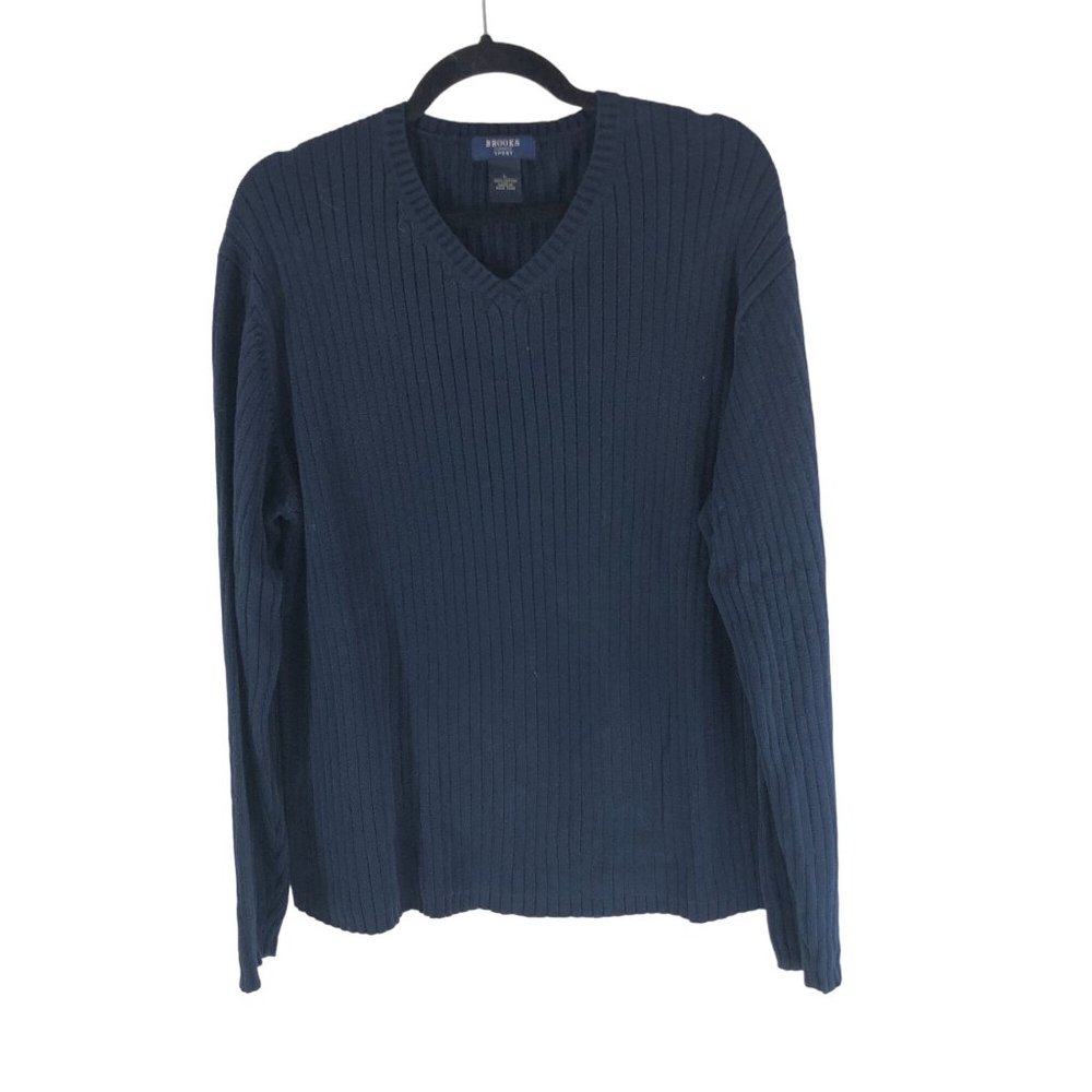 Brooks Sport Mens Sweater V Neck Ribbed Cotton Navy Blue L
